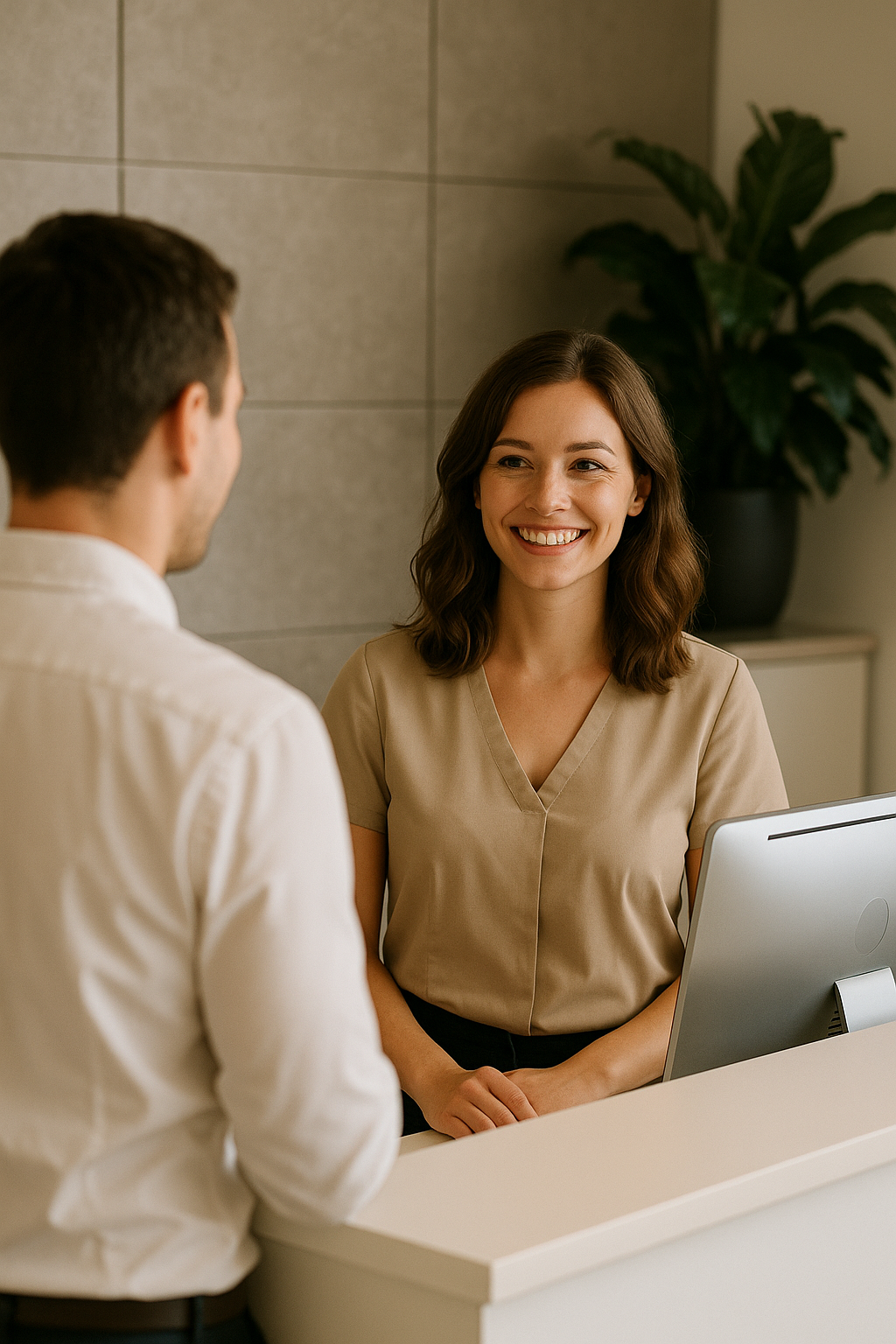 photographic Beautiful Front Desk employee smiling at a client when they come in for their appointment People need to be centered in the frame-1